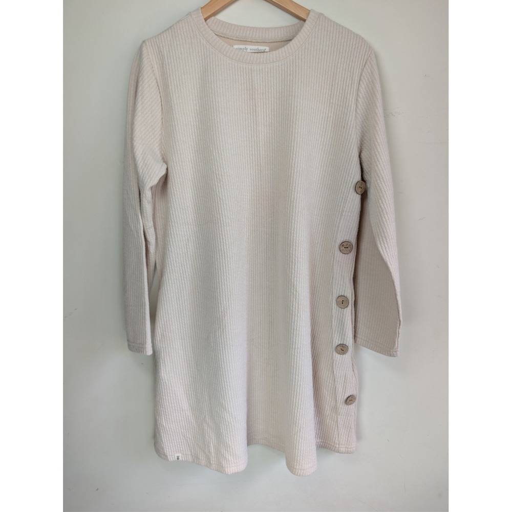 Simply Southern Women‎ Cream Ribbed Knit Side Button Sweater Dress Large Oatmeal